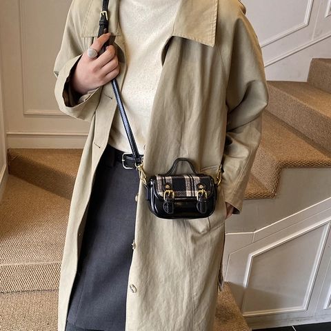 Petit Sac Bandoulière Rétro À Carreaux Pour Enfants Filles Cuir PU Laine Style Britannique À Main Sac À Épaule