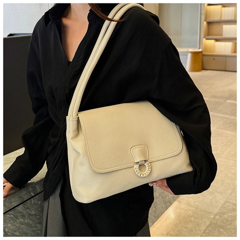 PU Leather Underarm Shoulder Bag For Women Solid Color Minimalist Retro Flap Handbag With Braided Round Buckle Decor