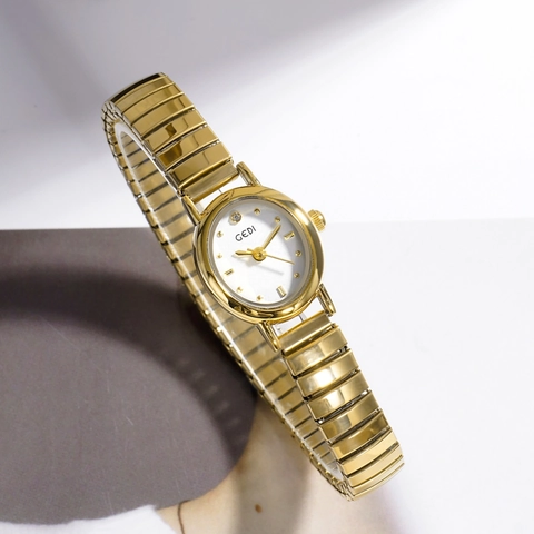 Women Quartz Watch Stainless Steel Elastic Stretch Strap Oval Dial Water Resistant Fashion Elegant Luxury Gift For Lady
