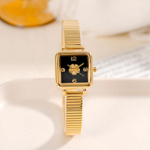 Orologio Al Quarzo Quadrato Da Donna Con Motivo A Camelia 3D Impermeabile Retro Francese Elegante Cinturino In Metallo Elastico