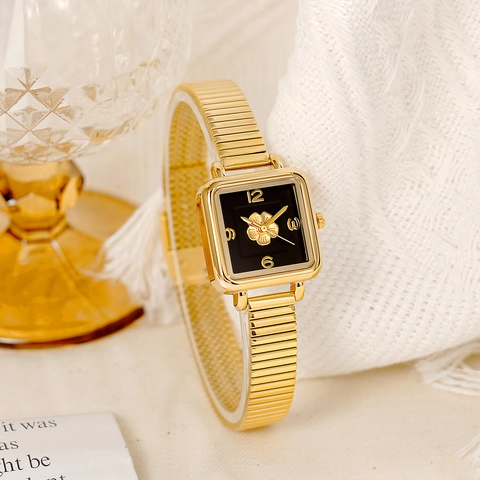 Orologio Al Quarzo Quadrato Da Donna Con Motivo A Camelia 3D Impermeabile Retro Francese Elegante Cinturino In Metallo Elastico