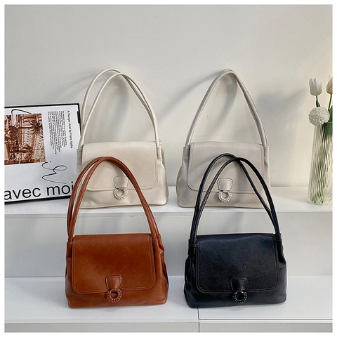 PU Leather Underarm Shoulder Bag For Women Solid Color Minimalist Retro Flap Handbag With Braided Round Buckle Decor