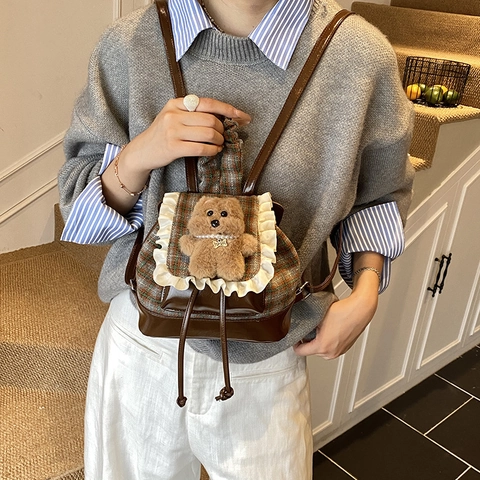 Zaino A Quadri Per Bambini Pelle PU Pizzo Volant Simpatico Orsetto Di Peluche Coulisse Piccola Borsa Da Scuola Per Neonato