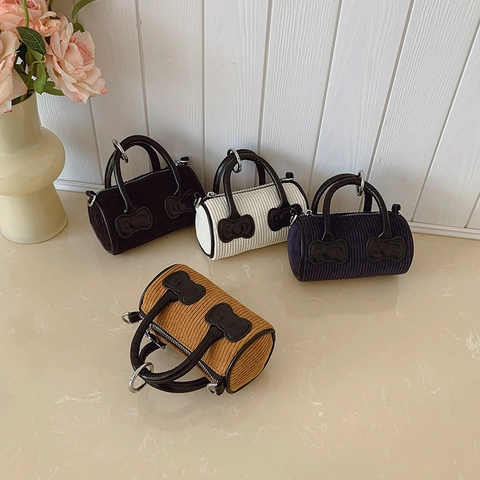 Mini Borsa A Mano Cilindro Bambini Velluto A Coste Pelle Patchwork Decorazione Fiocco Borsa A Tracolla Moda