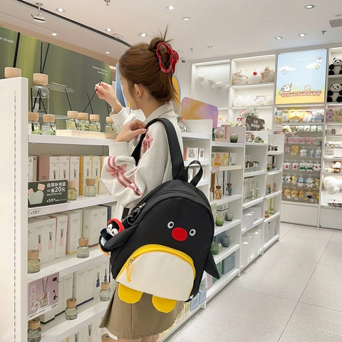 Sac À Dos Forme Pingouin Mignon Nylon Imperméable École Pour Filles Femmes Avec Pendentif En Peluche
