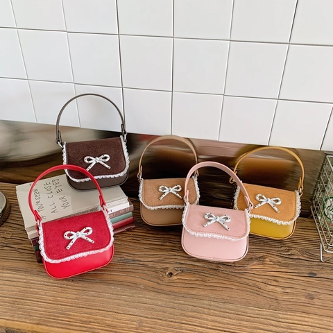 Mini Schoudertas Kinderen Strik PU Leer Handtas Met Metalen Ketting Kant Trim Zoete Stijl Voor Meisjes Mode Cadeau