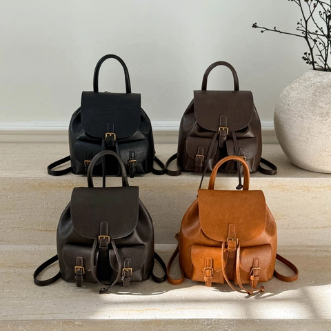 Fashion Backpack Women Retro PU Leather Drawstring Flap Closure Multiple Pockets Vintage Commuter College Style Rucksack