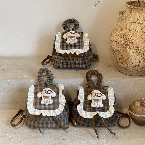 Zaino A Quadretti Per Bambini Lana Bordo Con Volant Decorazione Cane In Peluche 3D Mini Cartella Per Asilo Ragazzi Ragazze
