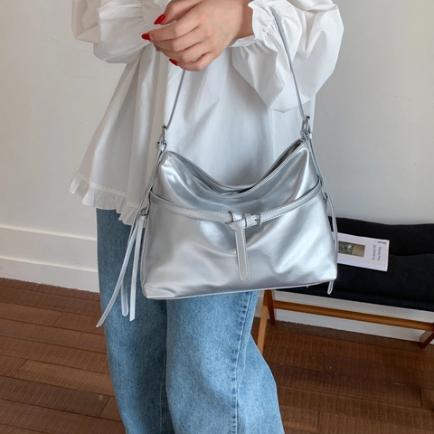 Women Large Capacity Glossy PU Leather Shoulder Bag Minimalist Hobo Tote With Belt Buckle Decor Office Commute