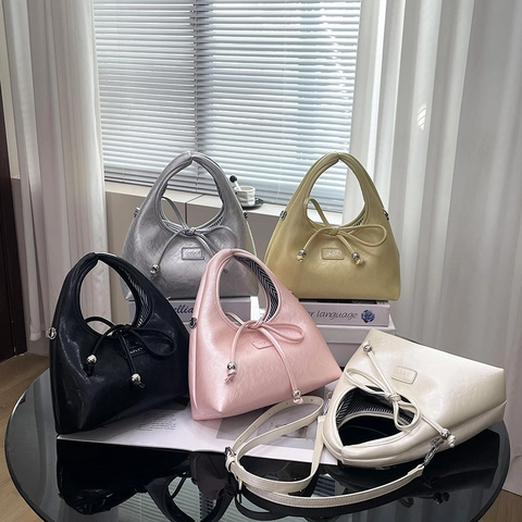 Bolso Hobo De Cuero PU Para Mujer Minimalista Color Sólido Bolso De Hombro Con Lazo Y Cuentas Metálicas Elegante
