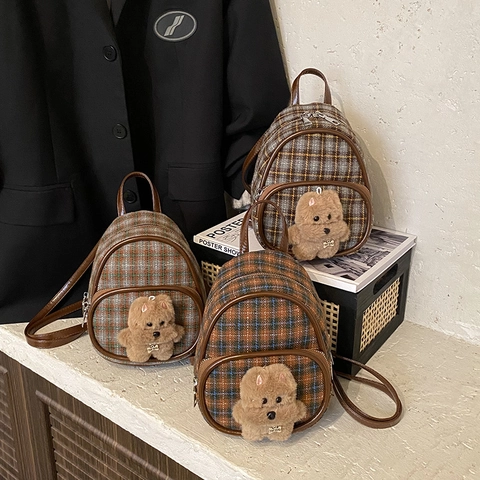 Mini Sac À Dos À Carreaux En Tweed Similicuir Avec Décor De Chiot En Peluche Style Rétro Britannique Pour Enfants
