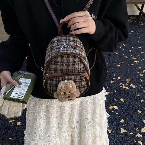 Mini Sac À Dos À Carreaux En Tweed Similicuir Avec Décor De Chiot En Peluche Style Rétro Britannique Pour Enfants