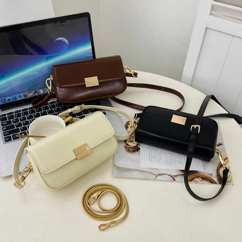 Women Shoulder Bag PU Leather Metal Lock Small Square Crossbody Bag Elegant Chain Strap Commuter Minimalist Handbag