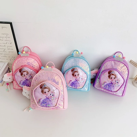 Mochila Niños Lentejuelas Dibujos Animados Princesa Unicornio Cuero PU Bolso Con Colgante Gato Peluche Corona