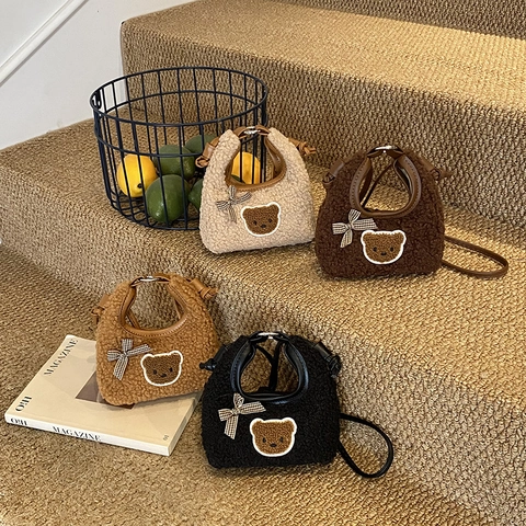 Kinder Schoudertas Pluche Kunstbont Cartoon Beer Geruite Strik Mini Handtas Voor Meisjes Herfst Winter Mode
