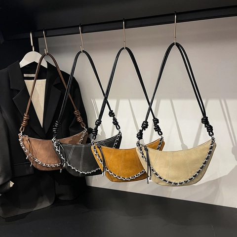 Borsa Hobo Croissant Retrò Da Donna Texture Scamosciata PU Pelle Catena Metallo Argento Tracolla Con Nodo Maillard Borsa Spalla