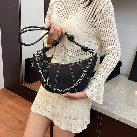 Borsa Hobo Croissant Retrò Da Donna Texture Scamosciata PU Pelle Catena Metallo Argento Tracolla Con Nodo Maillard Borsa Spalla