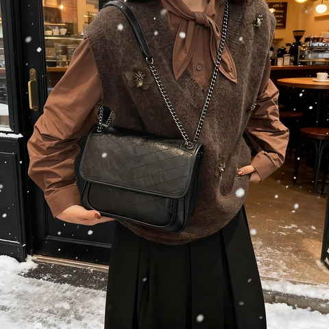 Gewatteerde Crossbodytas Vintage PU Leer Metalen Ketting Flap Schoudertas Chic Urban