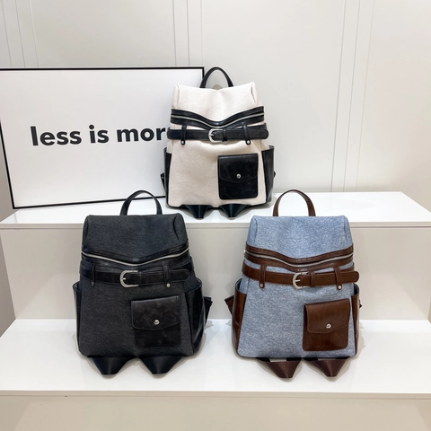 Mochila De Moda Para Mujer Cuero PU Tela Bloque De Color Gran Capacidad Viaje Escolar Urbano Retro