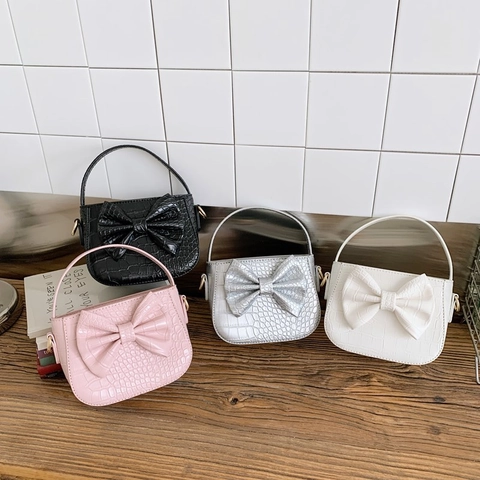Mädchen Umhängetasche Krokodilmuster PU Leder Große Schleife Handtasche Für Kinder Süßer Stil Mini Tasche