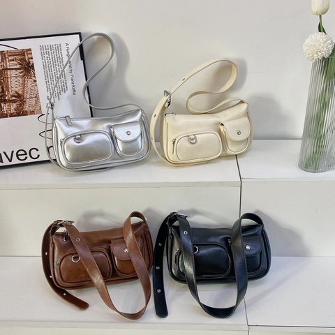 Dames PU Leren Schoudertas Met Meerdere Zakken Retro Workwear Stijl Chic Functionele Kussenvorm Handtas Voor Dagelijks
