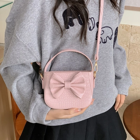 Mädchen Umhängetasche Krokodilmuster PU Leder Große Schleife Handtasche Für Kinder Süßer Stil Mini Tasche