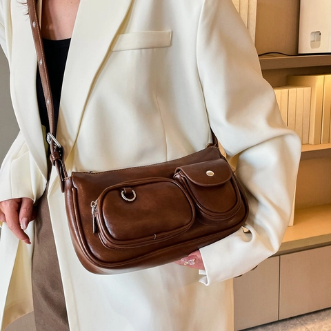 Dames PU Leren Schoudertas Met Meerdere Zakken Retro Workwear Stijl Chic Functionele Kussenvorm Handtas Voor Dagelijks