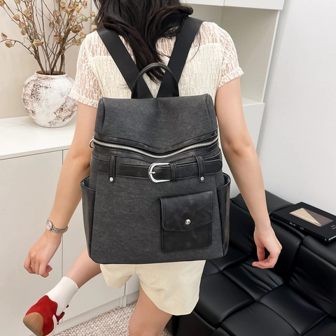 Mochila De Moda Para Mujer Cuero PU Tela Bloque De Color Gran Capacidad Viaje Escolar Urbano Retro