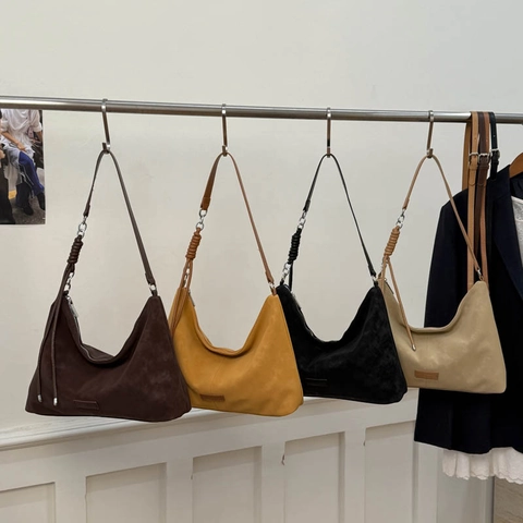 Women Hobo Bag Suede PU Leather Large Capacity Knot Shoulder Strap Matte Solid Color Retro Minimalist Zipper