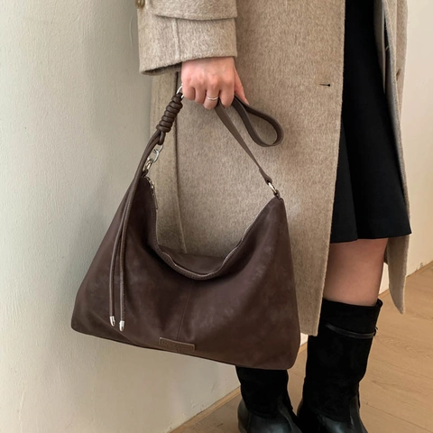 Women Hobo Bag Suede PU Leather Large Capacity Knot Shoulder Strap Matte Solid Color Retro Minimalist Zipper