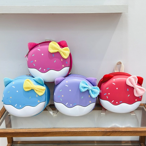 Kids Cartoon Donut Hard Shell Backpack Cute Cat Ears Plush Bow Kindergarten School Bag Oxford Cloth EVA Material