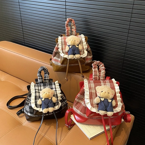 Mini Zaino Bambini Piccoli Simpatico Orsetto Di Peluche Plaid Pelle PU Pizzo Volant Asilo Moda Borsa Retrò