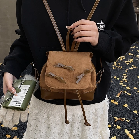 Mini Backpack Suede PU Leather Bowknot Decor Drawstring Flap Fashion Retro Small Bookbag For Women Girls