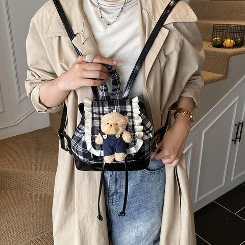 Mini Zaino Bambini Piccoli Simpatico Orsetto Di Peluche Plaid Pelle PU Pizzo Volant Asilo Moda Borsa Retrò