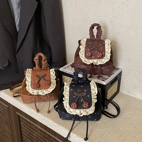Mini Kinder Rugzak Kant Bloemen Retro Mori Stijl Zoete Kers Strik Decor Suede Stof Meisjes Schooltas