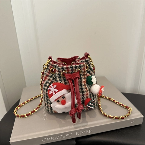 Weihnachts Mini Eimer Tasche Tweed Karo Kordelzug Kette Umhängetasche Mit Plüsch Weihnachtsmann Schneemann Dekor Für Kinder
