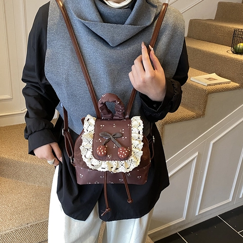 Mini Kinder Rugzak Kant Bloemen Retro Mori Stijl Zoete Kers Strik Decor Suede Stof Meisjes Schooltas