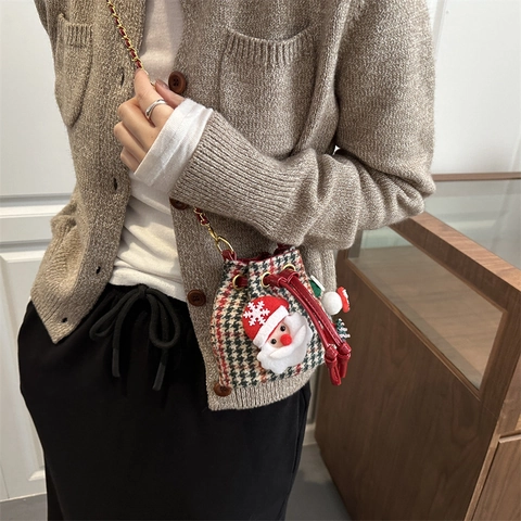 Weihnachts Mini Eimer Tasche Tweed Karo Kordelzug Kette Umhängetasche Mit Plüsch Weihnachtsmann Schneemann Dekor Für Kinder