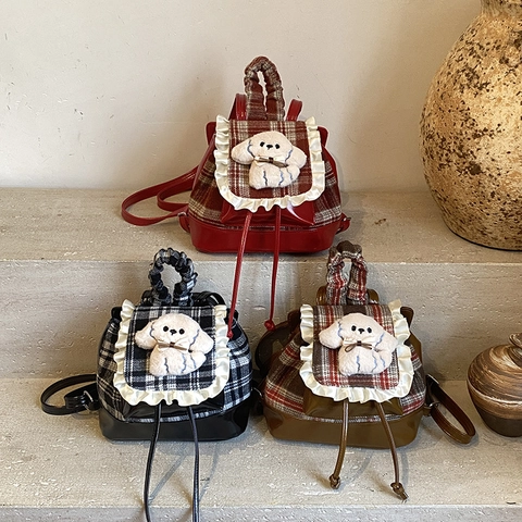 Mini Zaino Per Bambini Cane Peluche Quadri Pelle PU Pizzo Volant Coulisse Borsa Scolastica Per Ragazze