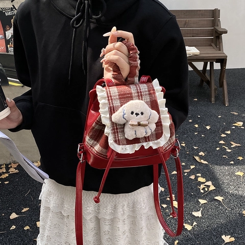 Mini Zaino Per Bambini Cane Peluche Quadri Pelle PU Pizzo Volant Coulisse Borsa Scolastica Per Ragazze