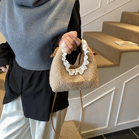 Borsa A Tracolla In Peluche Per Bambini Borsa A Mano In Montone Con Bordo In Pizzo Mini Borsa Dolce