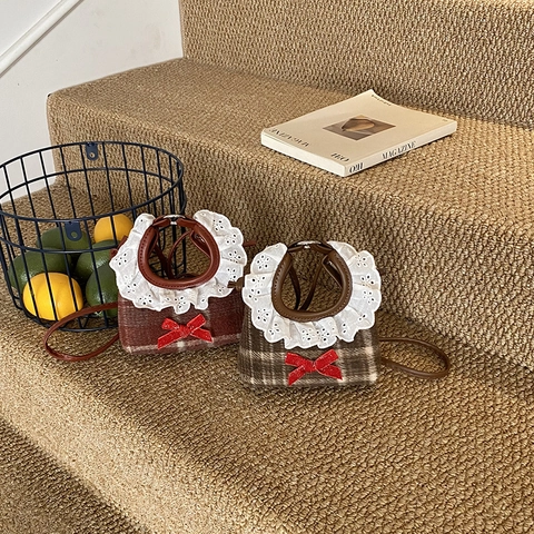 Bolso De Hombro Niños Mini Bolso De Mano Lana Cuadros Encaje Lazo Dulce Vintage Para Niñas Accesorios