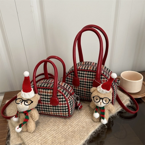 Kinderen Houndstooth Schoudertas Mini Rood Tweed PU Leer Met Beer Hanger Schattig Feestelijk Cadeau Meisjes