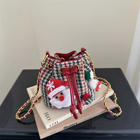 Kids Christmas Mini Bucket Bag Houndstooth Woolen Fabric With Plush Santa Claus Decor Metal Chain Strap Drawstring