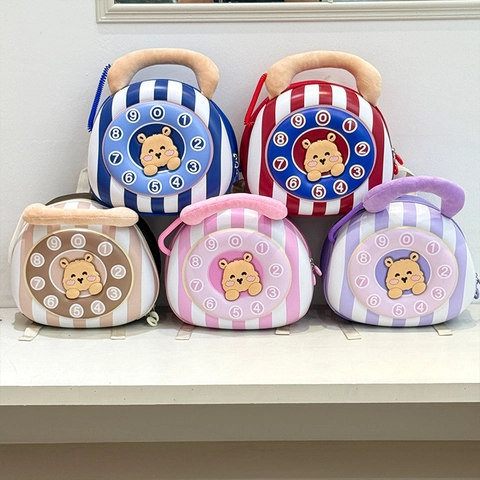 Retro Dial Telephone Kids Backpack Luminous Cute Cartoon Bear Striped Lightweight Breathable EVA School Bag For Toddlers