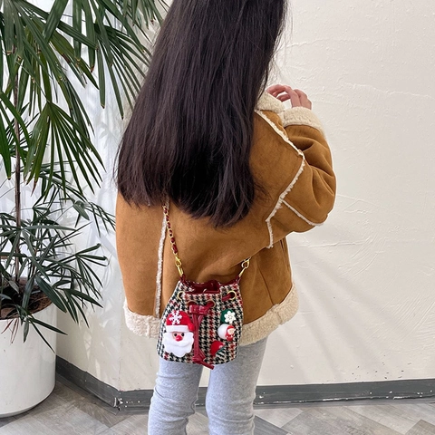 Kids Christmas Mini Bucket Bag Houndstooth Woolen Fabric With Plush Santa Claus Decor Metal Chain Strap Drawstring
