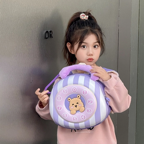 Retro Dial Telephone Kids Backpack Luminous Cute Cartoon Bear Striped Lightweight Breathable EVA School Bag For Toddlers