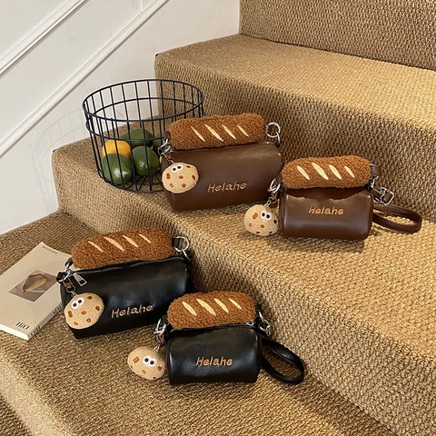 Kinder Mini Cilinder Schoudertas PU Leer Schattig Pluche Baguette Handvat Koekje Hanger Cartoon Crossbody Tas Nieuwigheid