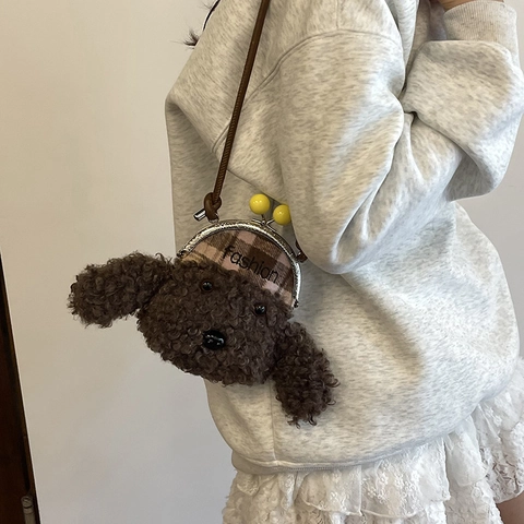 Kinderen Pluche Hond Crossbody Tas Schattige Puppy Vorm Faux Fur Mini Schoudertas Kiss-lock Sluiting Voor Peuter Meisjes