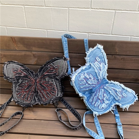 Butterfly Shaped Denim Crossbody Bag For Kids Frayed Edge Embroidered Washable Fabric Adjustable Strap Casual Stylish